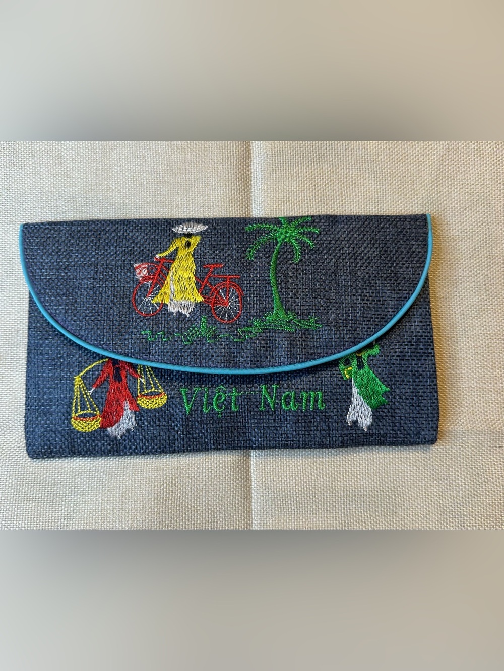 Embroidered Viet Nam Denim Clutch in Navy with Turquoise Trim